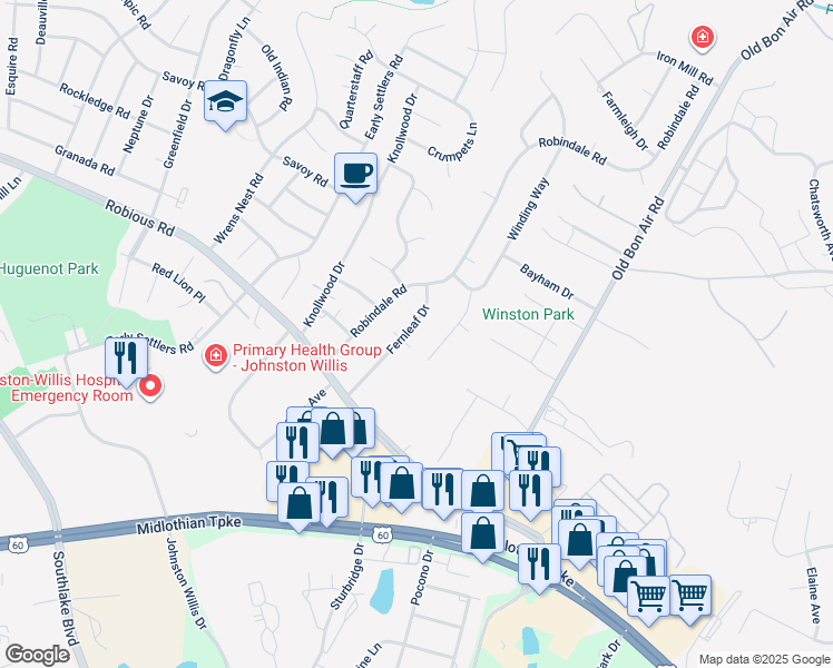 map of restaurants, bars, coffee shops, grocery stores, and more near 1409 Fernleaf Drive in Richmond