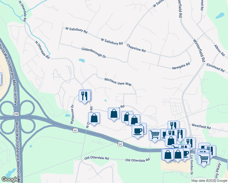 map of restaurants, bars, coffee shops, grocery stores, and more near 14301 Michaux Wood Way in Midlothian