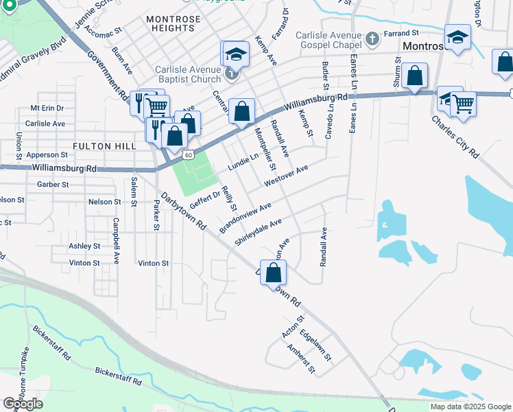 map of restaurants, bars, coffee shops, grocery stores, and more near 5305 Lochaven Ave in Richmond