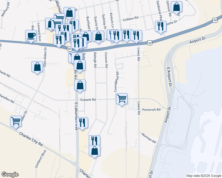 map of restaurants, bars, coffee shops, grocery stores, and more near 5301 Coxson Road in Henrico