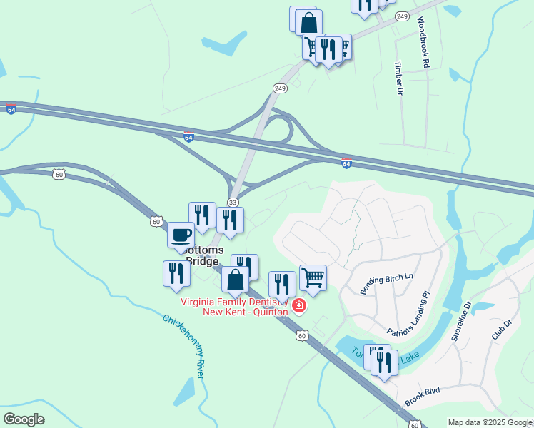 map of restaurants, bars, coffee shops, grocery stores, and more near 2435 Prince Andrew Court in Quinton