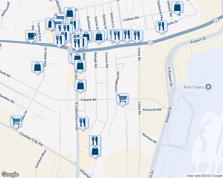 map of restaurants, bars, coffee shops, grocery stores, and more near 5305 Coxson Road in Richmond