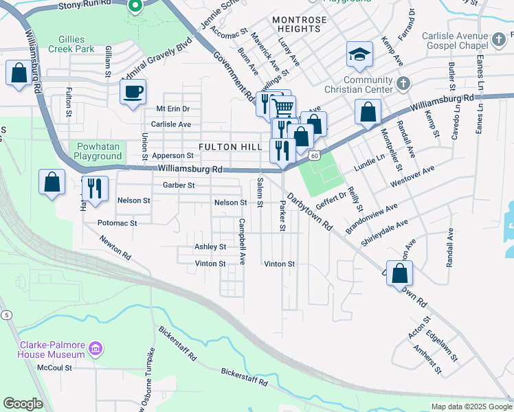 map of restaurants, bars, coffee shops, grocery stores, and more near 5201 Salem Street in Richmond