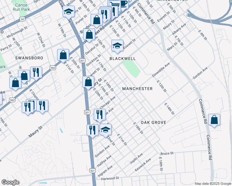 map of restaurants, bars, coffee shops, grocery stores, and more near 1700 Boston Avenue in Richmond