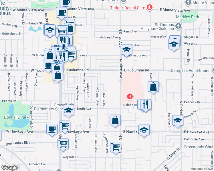 map of restaurants, bars, coffee shops, grocery stores, and more near 2125 North Olive Avenue in Turlock