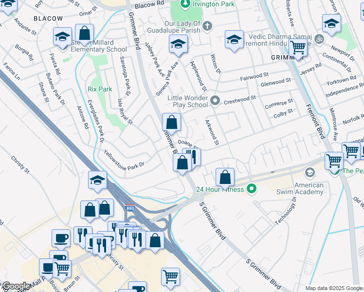 map of restaurants, bars, coffee shops, grocery stores, and more near 43248 Grimmer Boulevard in Fremont
