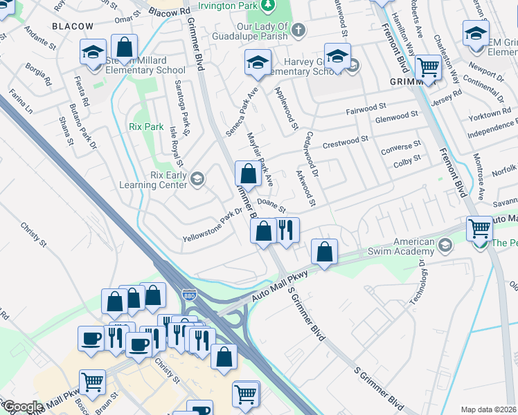 map of restaurants, bars, coffee shops, grocery stores, and more near 43248 Grimmer Boulevard in Fremont