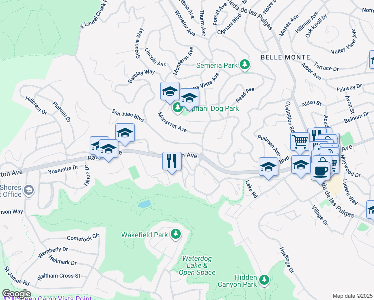 map of restaurants, bars, coffee shops, grocery stores, and more near 2814 San Juan Boulevard in Belmont
