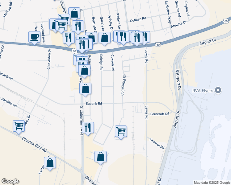 map of restaurants, bars, coffee shops, grocery stores, and more near 5301 Coxson Road in Henrico