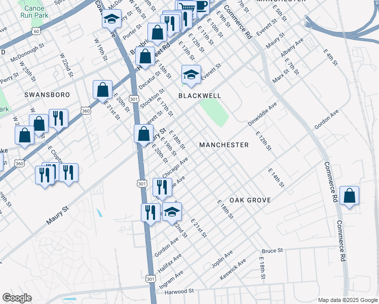 map of restaurants, bars, coffee shops, grocery stores, and more near 1700 Boston Avenue in Richmond