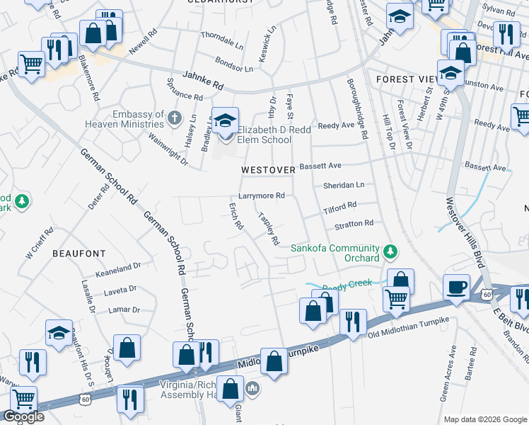 map of restaurants, bars, coffee shops, grocery stores, and more near 5513 Larrymore Road in Richmond