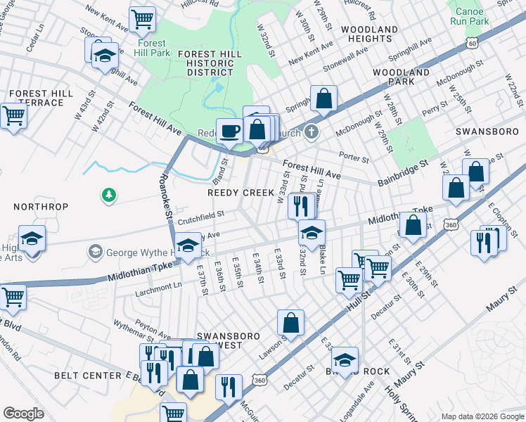 map of restaurants, bars, coffee shops, grocery stores, and more near 107 West 34th Street in Richmond