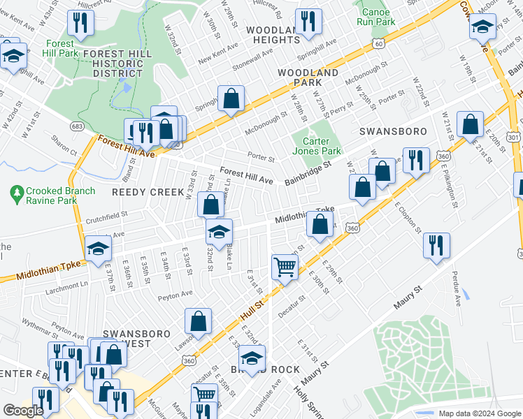 map of restaurants, bars, coffee shops, grocery stores, and more near 8 West Broad Rock Road in Richmond