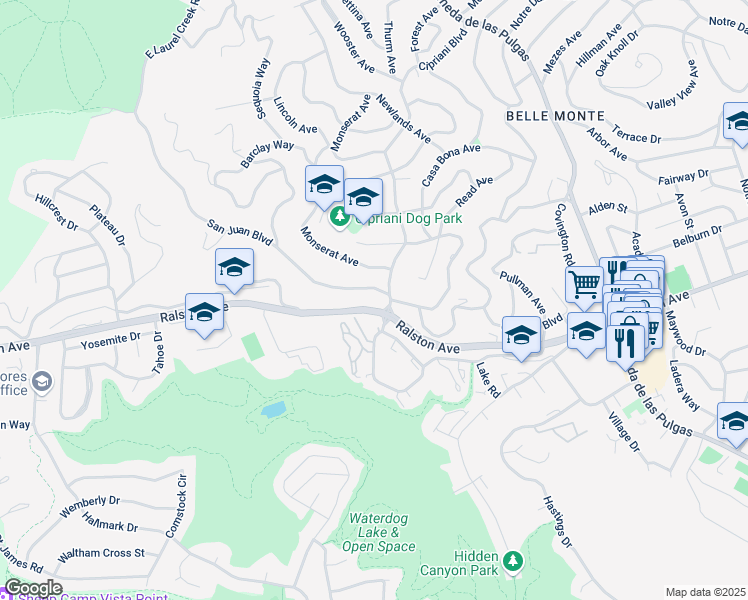 map of restaurants, bars, coffee shops, grocery stores, and more near 2617 Cipriani Boulevard in Belmont