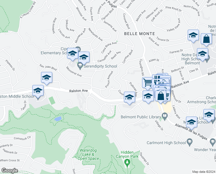 map of restaurants, bars, coffee shops, grocery stores, and more near 2614 Ponce Avenue in Belmont