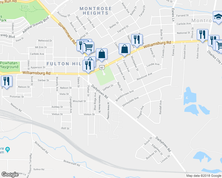 map of restaurants, bars, coffee shops, grocery stores, and more near 1711 Geffert Drive in Richmond