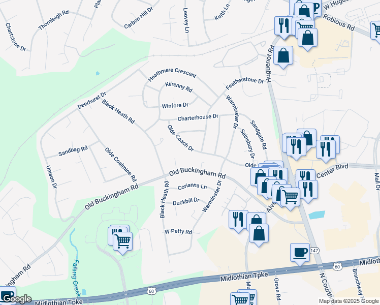 map of restaurants, bars, coffee shops, grocery stores, and more near 11811 Olde Coach Drive in Midlothian