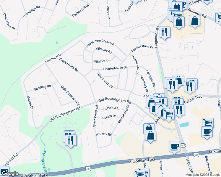 map of restaurants, bars, coffee shops, grocery stores, and more near 11811 Olde Coach Drive in Midlothian