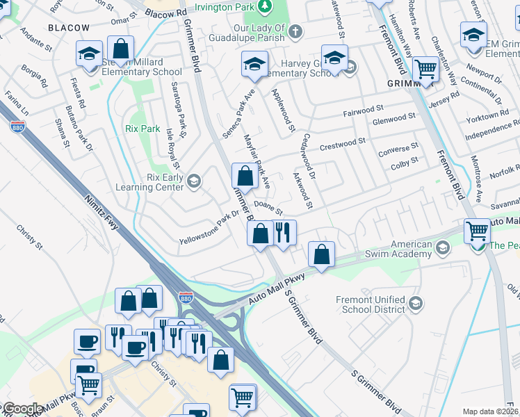 map of restaurants, bars, coffee shops, grocery stores, and more near 43248 Grimmer Boulevard in Fremont