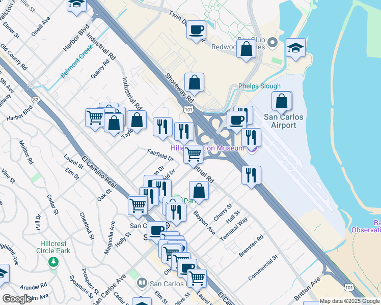 map of restaurants, bars, coffee shops, grocery stores, and more near 405 Industrial Road in San Carlos