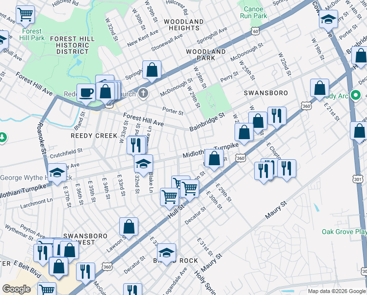 map of restaurants, bars, coffee shops, grocery stores, and more near 26 West 30th Street in Richmond