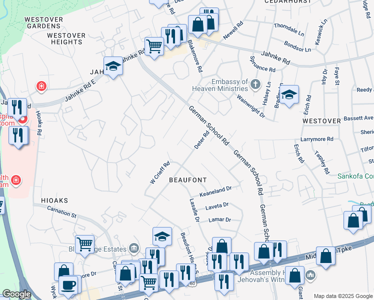 map of restaurants, bars, coffee shops, grocery stores, and more near 704 Goodwood Road in Richmond