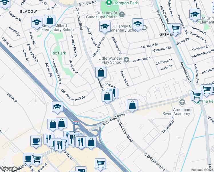 map of restaurants, bars, coffee shops, grocery stores, and more near 4690 Doane Street in Fremont