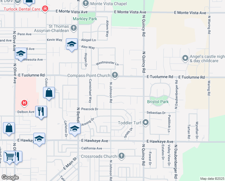 map of restaurants, bars, coffee shops, grocery stores, and more near 2291 North Johnson Road in Turlock