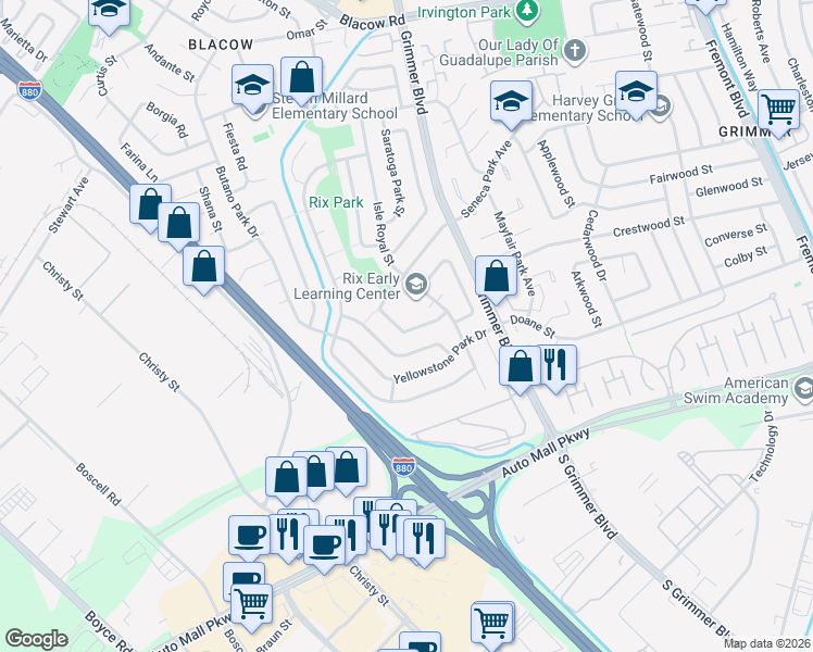 map of restaurants, bars, coffee shops, grocery stores, and more near 4928 Seneca Park Loop in Fremont