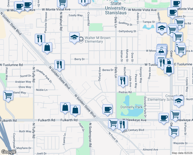 map of restaurants, bars, coffee shops, grocery stores, and more near 1032 Wickel Street in Turlock