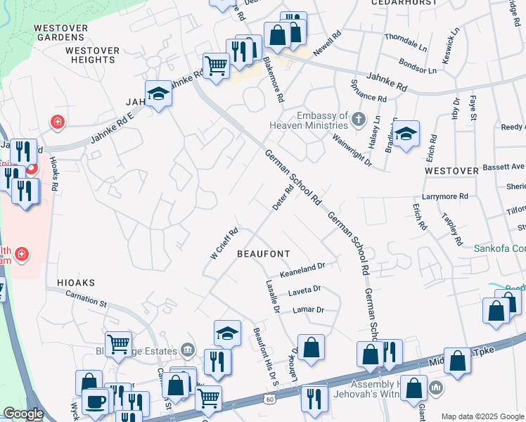 map of restaurants, bars, coffee shops, grocery stores, and more near 704 Goodwood Road in Richmond