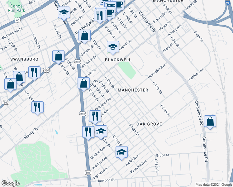 map of restaurants, bars, coffee shops, grocery stores, and more near 1718 Chicago Avenue in Richmond