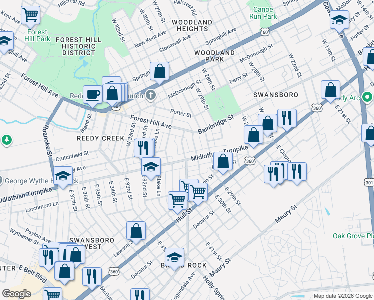 map of restaurants, bars, coffee shops, grocery stores, and more near 26 West 30th Street in Richmond