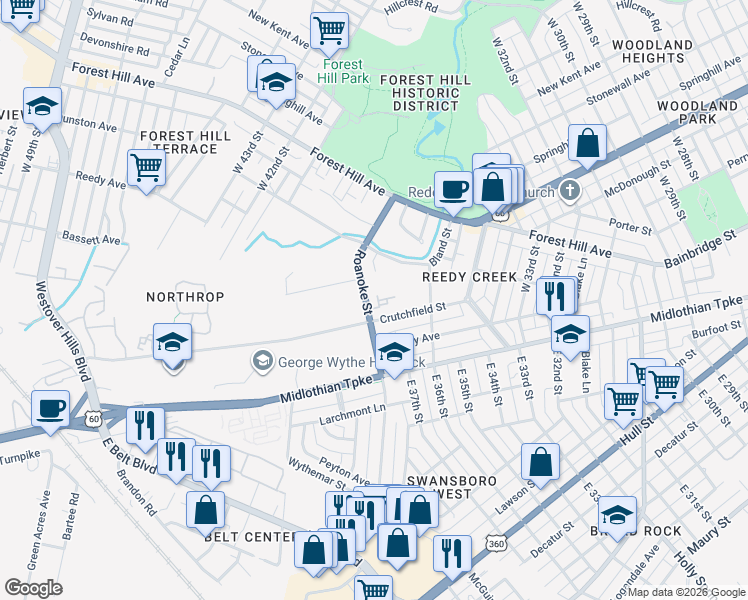 map of restaurants, bars, coffee shops, grocery stores, and more near 215 West Roanoke Street in Richmond