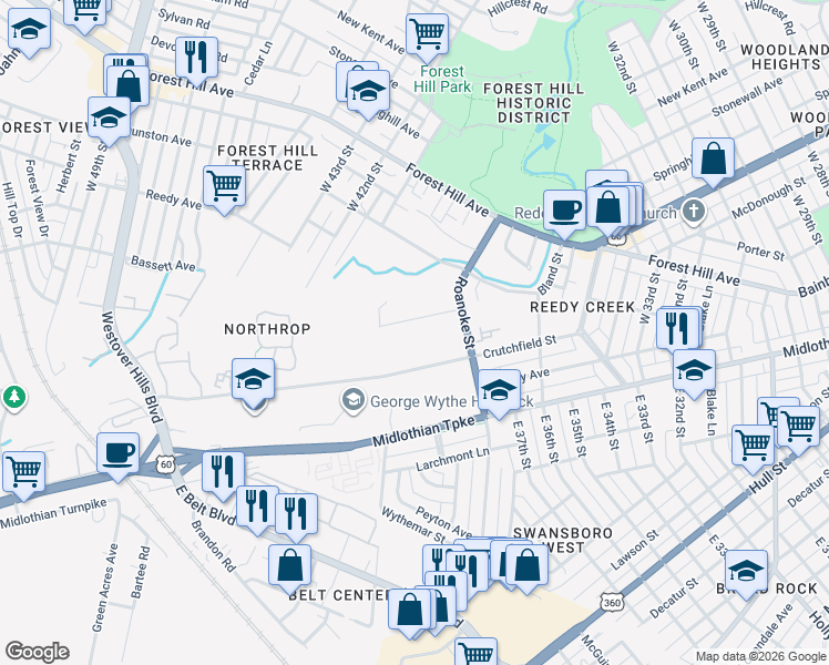 map of restaurants, bars, coffee shops, grocery stores, and more near 4017 Northrop Street in Richmond