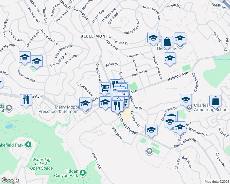 map of restaurants, bars, coffee shops, grocery stores, and more near 903 Alameda de las Pulgas in Belmont