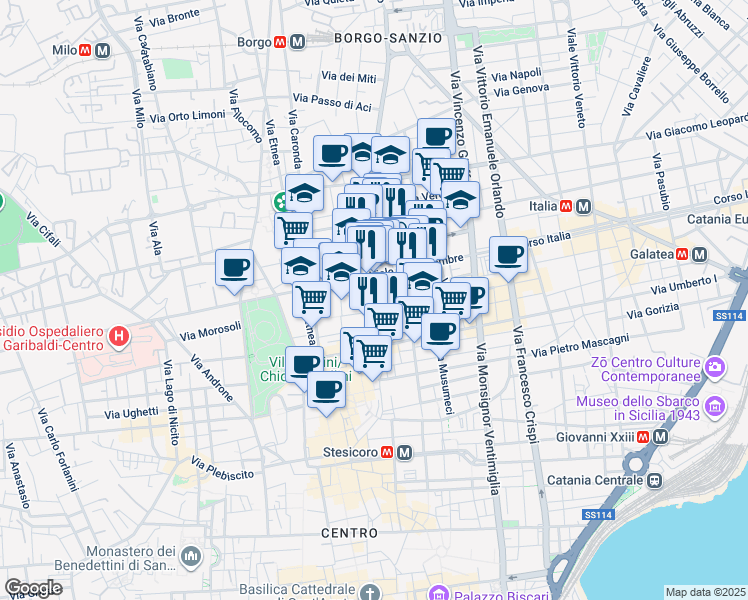map of restaurants, bars, coffee shops, grocery stores, and more near 30 Via Pietro Toselli in Catania