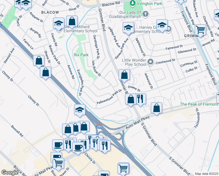 map of restaurants, bars, coffee shops, grocery stores, and more near 4991 Seneca Park Loop in Fremont