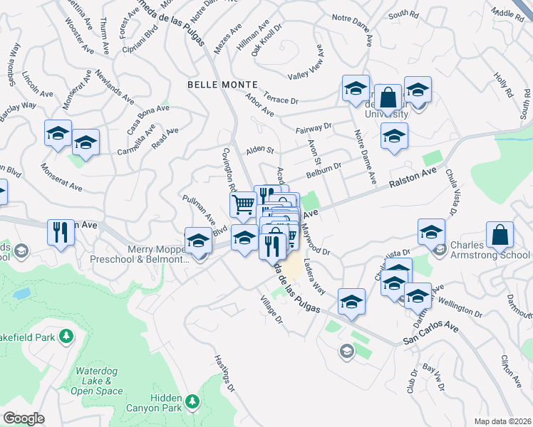 map of restaurants, bars, coffee shops, grocery stores, and more near 903 Alameda de las Pulgas in Belmont