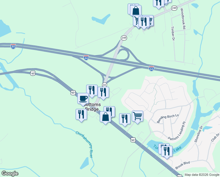 map of restaurants, bars, coffee shops, grocery stores, and more near 2398 Prince John Court in Quinton