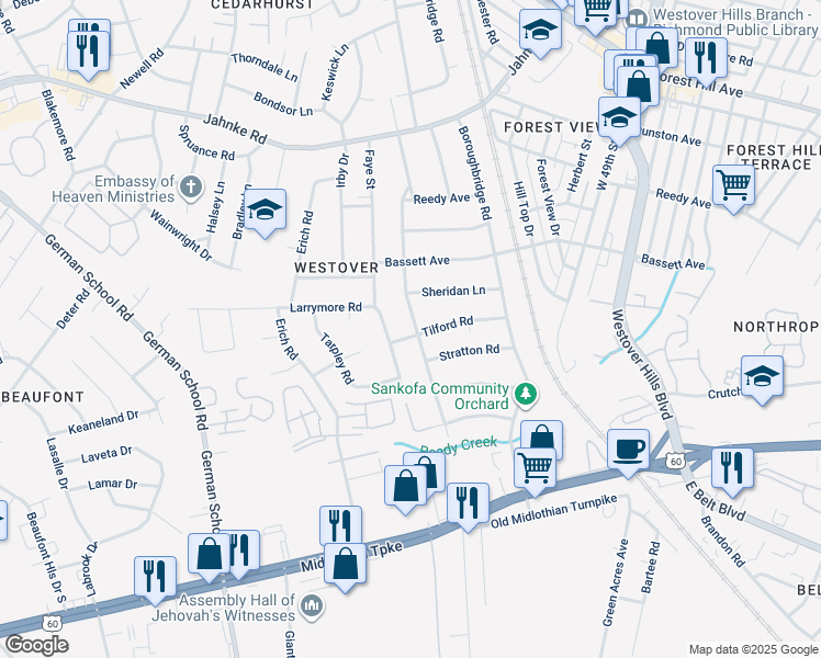 map of restaurants, bars, coffee shops, grocery stores, and more near 600 Byswick Lane in Richmond