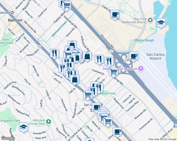 map of restaurants, bars, coffee shops, grocery stores, and more near 291 Fairfield Drive in San Carlos