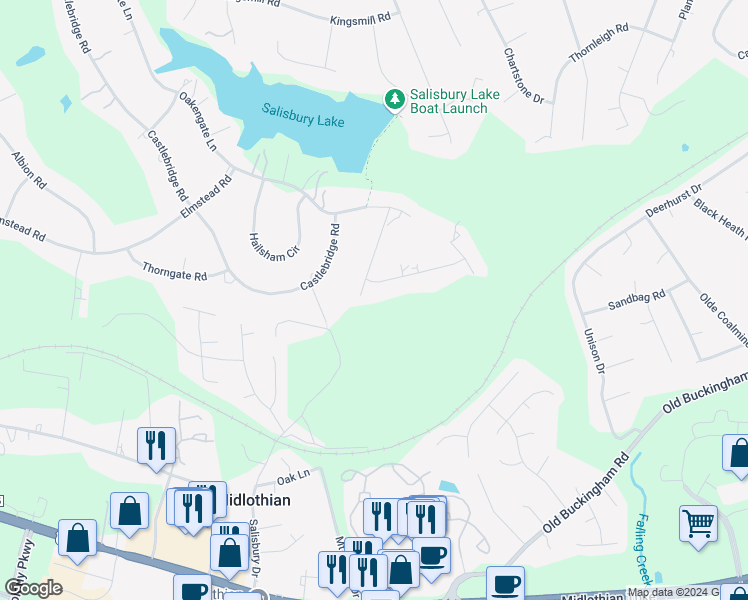 map of restaurants, bars, coffee shops, grocery stores, and more near 1710 Glamorgan Lane in Midlothian
