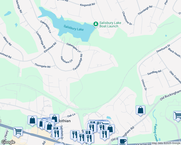 map of restaurants, bars, coffee shops, grocery stores, and more near 1710 Glamorgan Lane in Midlothian