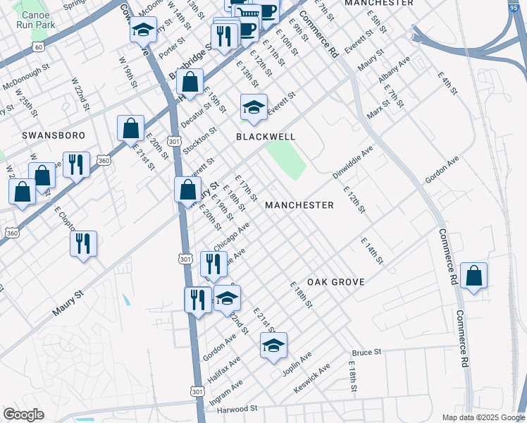 map of restaurants, bars, coffee shops, grocery stores, and more near 1706 Chicago Avenue in Richmond