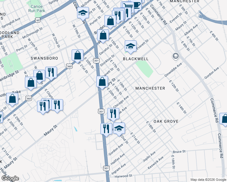 map of restaurants, bars, coffee shops, grocery stores, and more near 1908 Maury Street in Richmond
