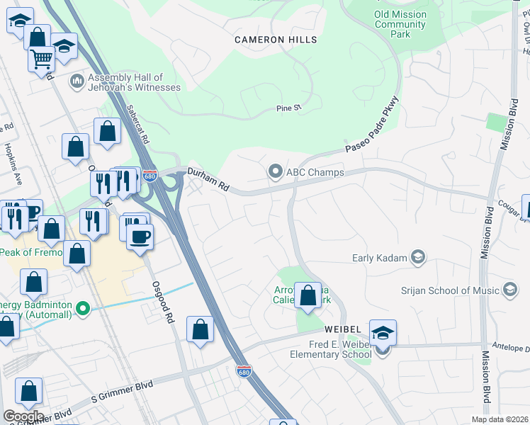 map of restaurants, bars, coffee shops, grocery stores, and more near 2209 Cactus Street in Fremont