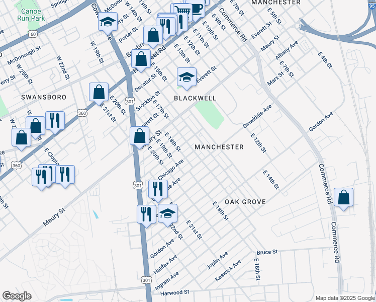 map of restaurants, bars, coffee shops, grocery stores, and more near 1700 Boston Avenue in Richmond