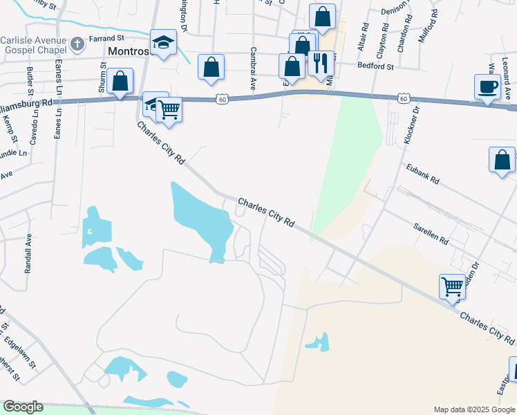 map of restaurants, bars, coffee shops, grocery stores, and more near 2054 Charles City Road in Henrico