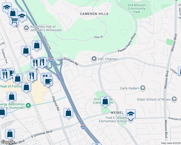 map of restaurants, bars, coffee shops, grocery stores, and more near 2209 Cactus Street in Fremont